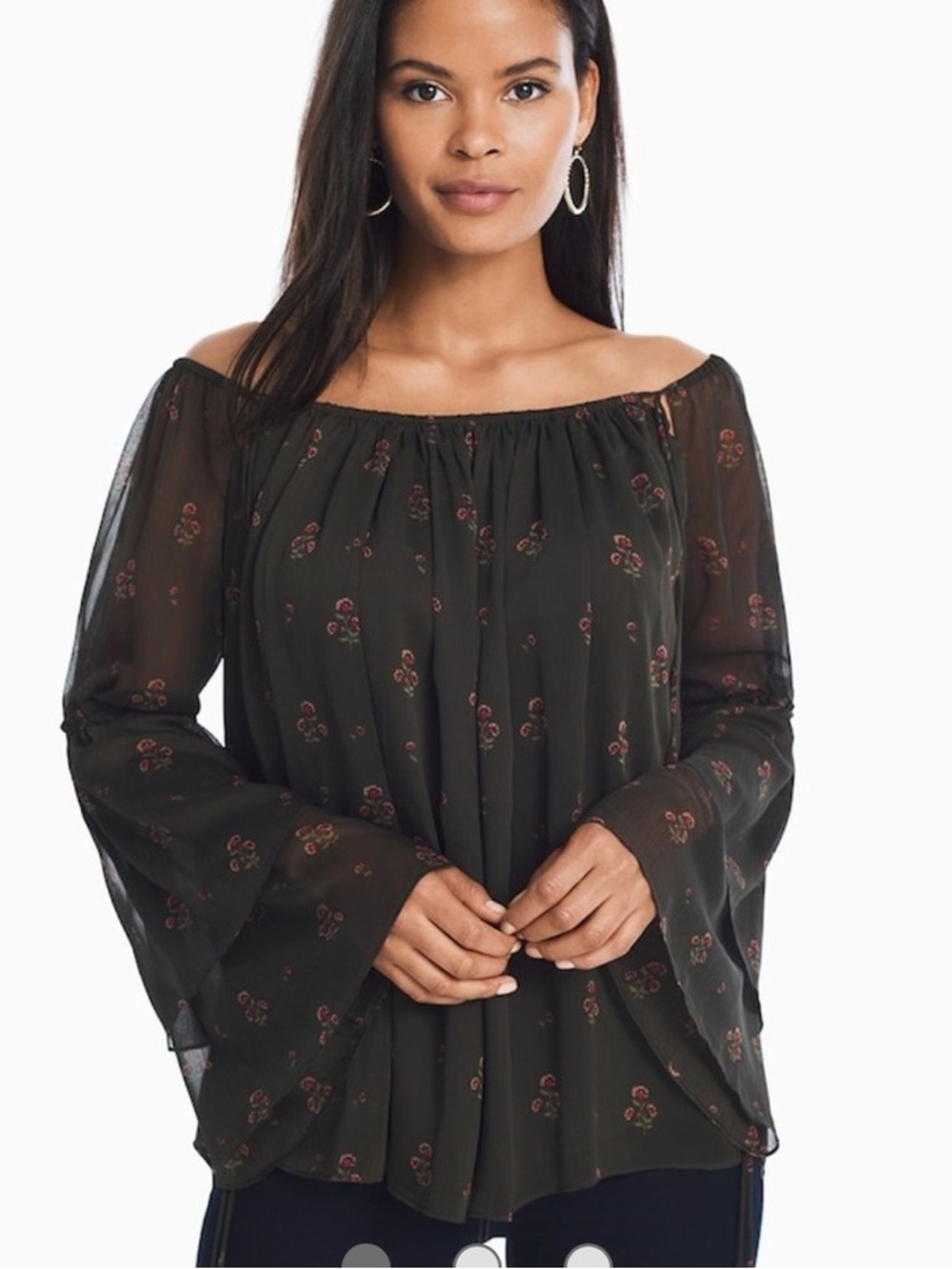 White House Black Market Floral Flare Sleeve Chiffon Blouse Green Size XXS